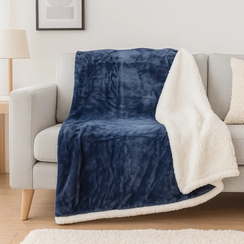 Plaid Sherpa Flanelle XXL 200x240 Bleu Marine - Couvre-Lit Épais 480g/m² (Taille Couple)