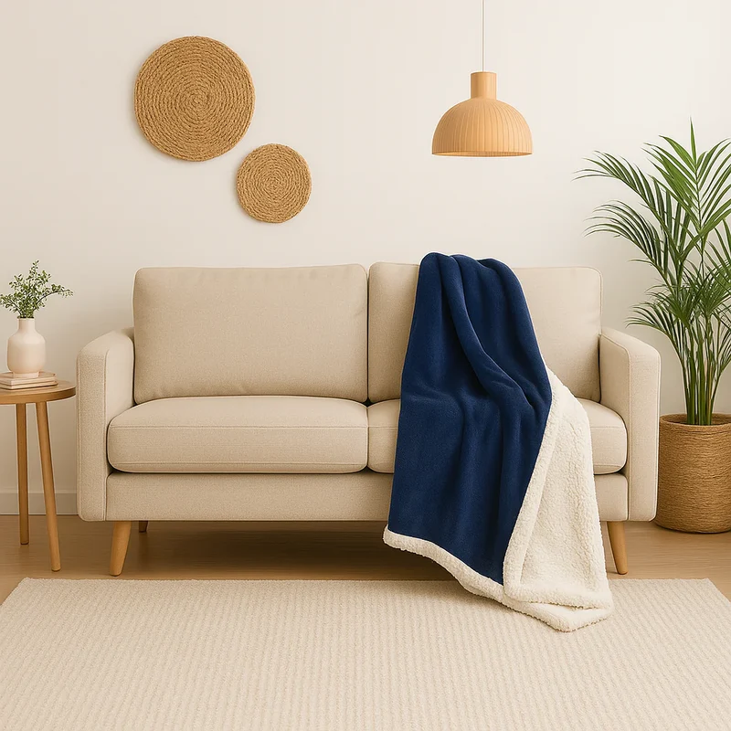 Plaid Sherpa Flanelle 150x200 Bleu Marine - Double Face Épais 480g/m² (Spécial Canapé)