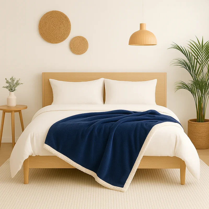 Plaid Sherpa Flanelle 150x200 Bleu Marine - Double Face Épais 480g/m² (Spécial Canapé)