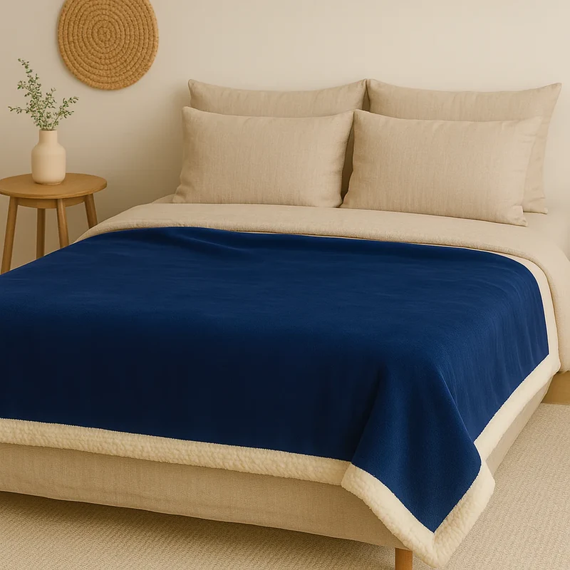Plaid Sherpa Flanelle 150x200 Bleu Marine - Double Face Épais 480g/m² (Spécial Canapé)
