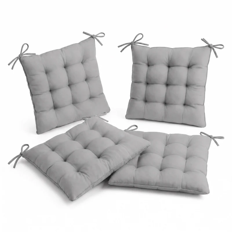 Lot de 4 Galettes de Chaise 40x40 Gris Clair - Intérieur & Extérieur (Déperlant avec Attaches)