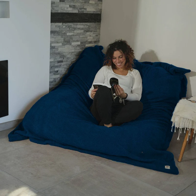 Pouf Géant XXL 190x155 Bleu Pétrole - Sherpa & Mousse (Canapé de Sol 2 Places)