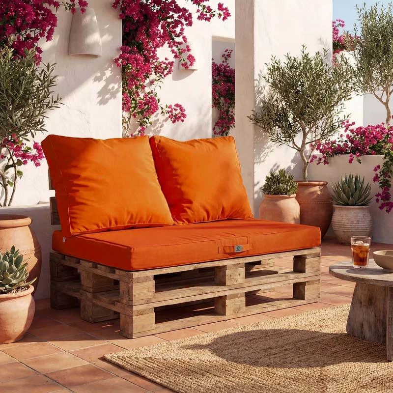 Kit Coussins Palette Déhoussable 120x80 Orange - Imperméable & Extérieur (1 Assise + 2 Dossiers)