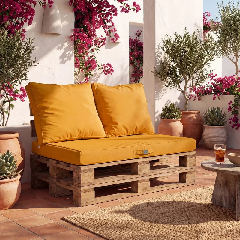Kit Coussins Palette Déhoussable 120x80 Jaune - Imperméable & Extérieur (1 Assise + 2 Dossiers)