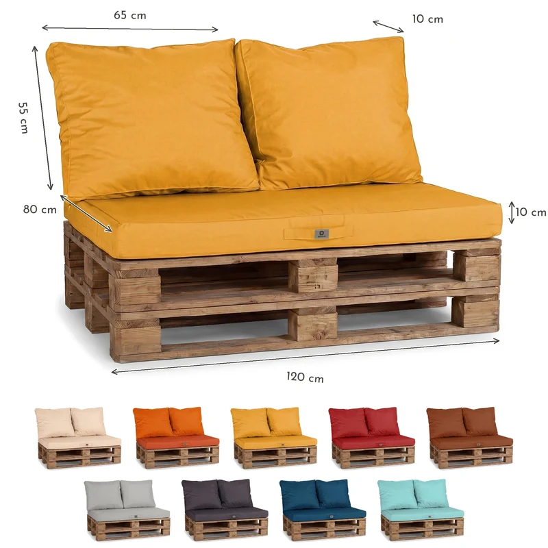 Kit Coussins Palette Déhoussable 120x80 Jaune - Imperméable & Extérieur (1 Assise + 2 Dossiers)