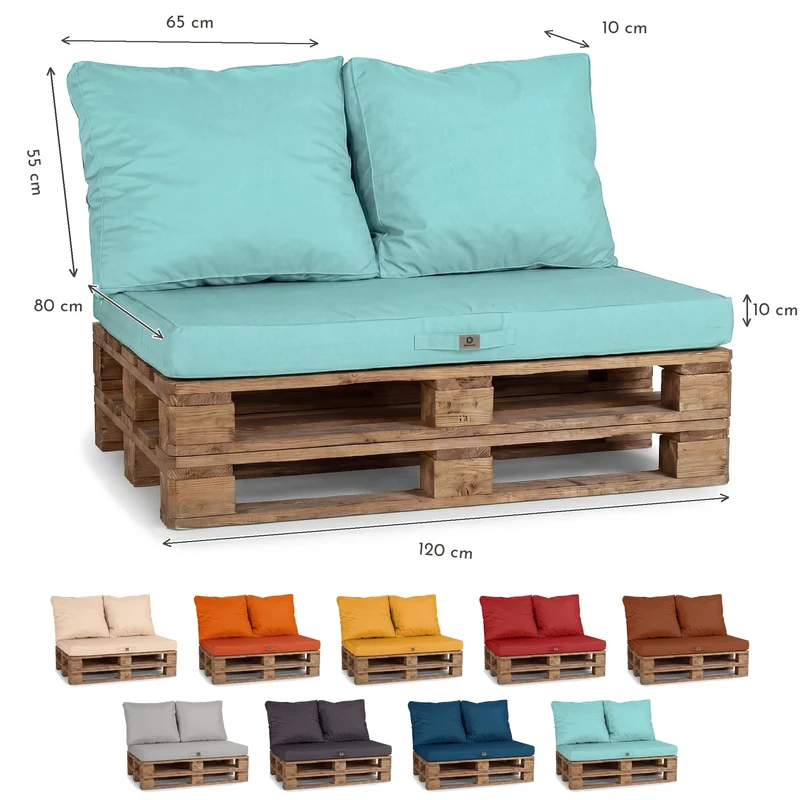 Kit Coussins Palette Déhoussable 120x80 Bleu Caraïbes - Imperméable & Extérieur (1 Assise + 2 Dossiers)