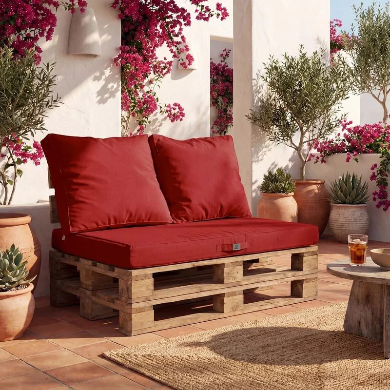 Kit Coussins Palette Déhoussable 120x80 Rouge Piment - Imperméable & Extérieur (1 Assise + 2 Dossiers)
