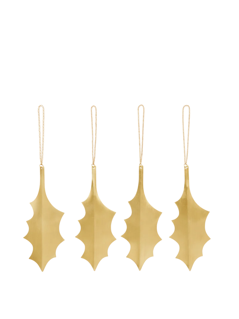 Holly Leaf Ornaments - Set of 4 - Brass