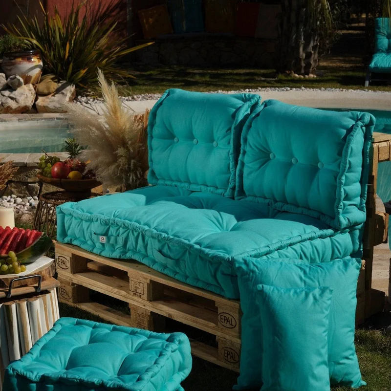 Kit Coussins Palette Europe 120x80 Bleu Caraïbes - Assise XXL Épaisse 20cm (1 Assise + 2 Dossiers)