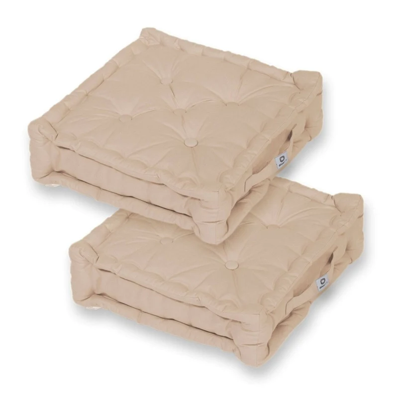 Lot de 2 Coussins de Sol XL 50x50 Beige Clair - Épais 15cm & Poignée
