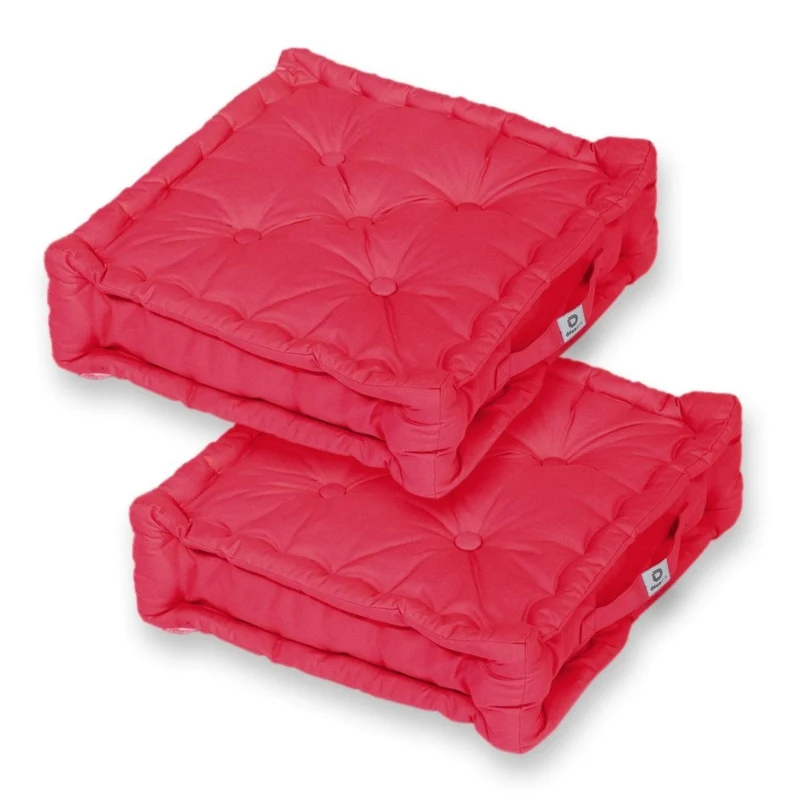 Lot de 2 Coussins de Sol XL 50x50 Rouge Piment - Épais 15cm & Poignée