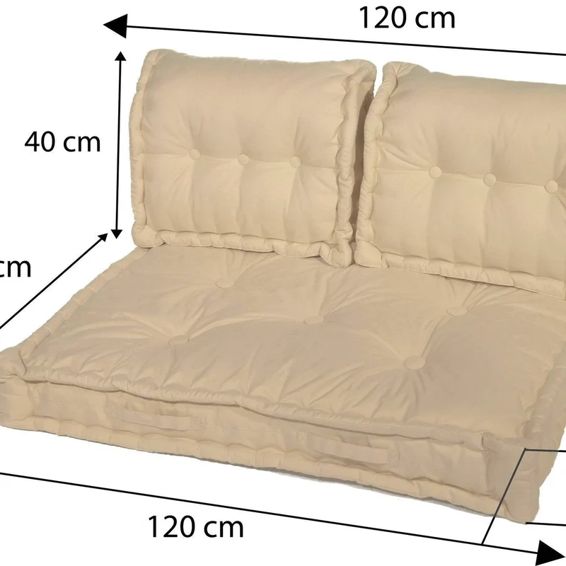 Kit Coussins Palette Europe 120x80 Beige Clair - Assise XXL Épaisse 20cm (1 Assise + 2 Dossiers)
