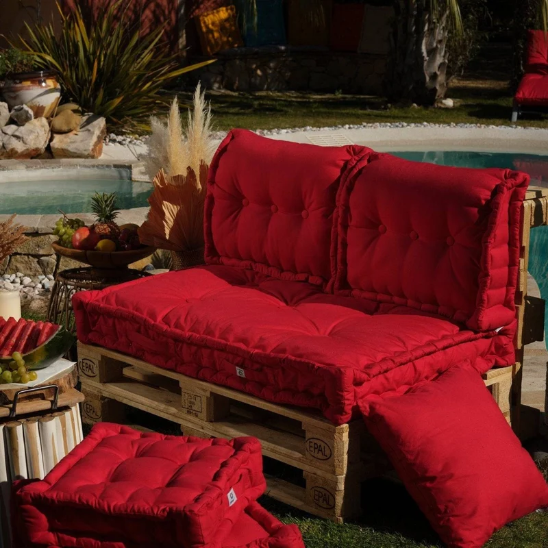 Kit Coussins Palette Europe 120x80 Rouge Piment - Assise XXL Épaisse 20cm (1 Assise + 2 Dossiers)