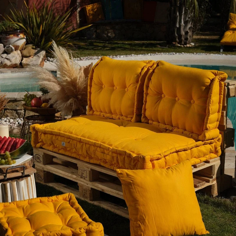 Kit Coussins Palette Europe 120x80 Jaune Miel - Assise XXL Épaisse 20cm (1 Assise + 2 Dossiers)