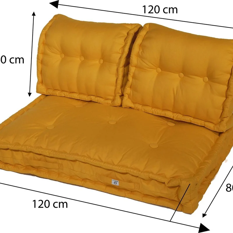 Kit Coussins Palette Europe 120x80 Jaune Miel - Assise XXL Épaisse 20cm (1 Assise + 2 Dossiers)