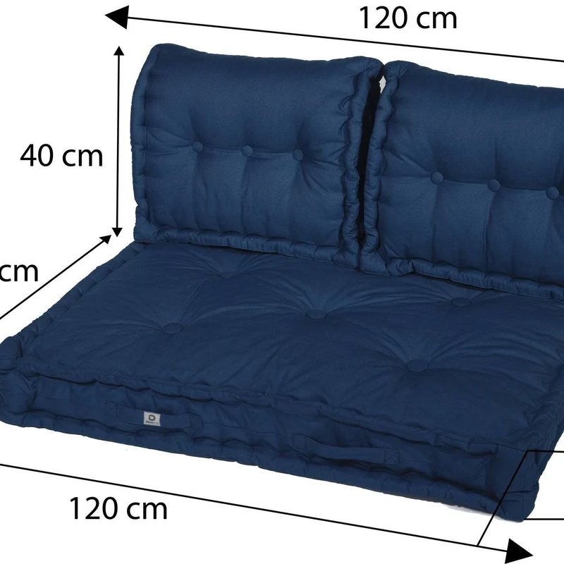 Kit Coussins Palette Europe 120x80 Bleu Pétrole - Assise XXL Épaisse 20cm (1 Assise + 2 Dossiers)