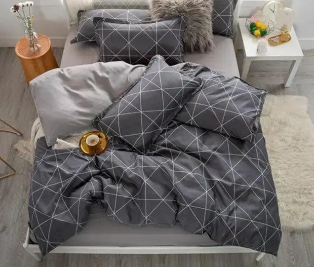 Housse De Couette De Lit Gris Rayures - Polyester & Coton