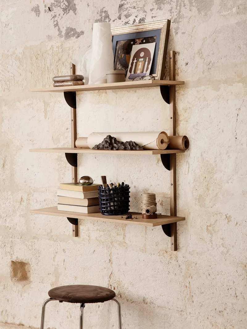 Sector Shelf - Triple - Wide - Natural Oak/Black Brass