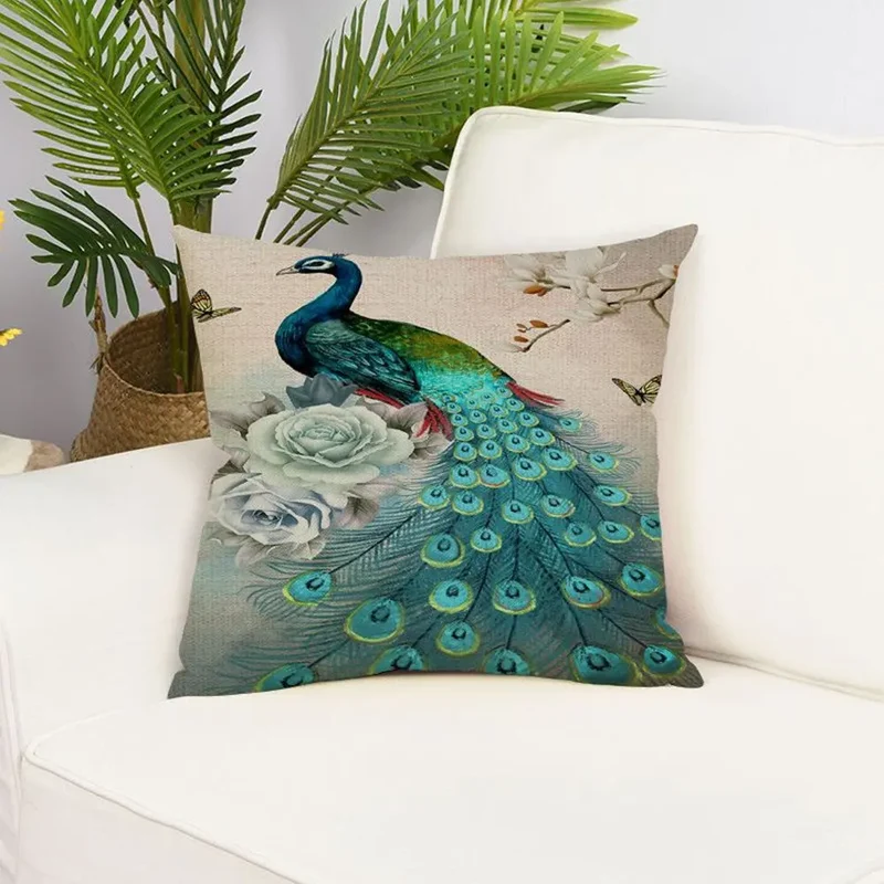 Housse de Coussin Lin Imprimé PEACOCK