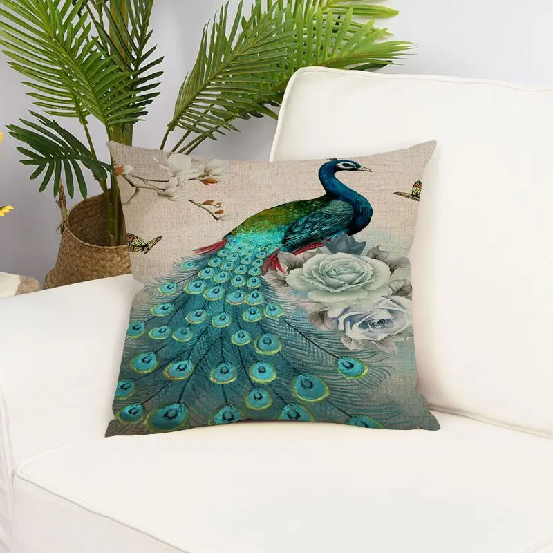 Housse de Coussin Lin Imprimé PEACOCK