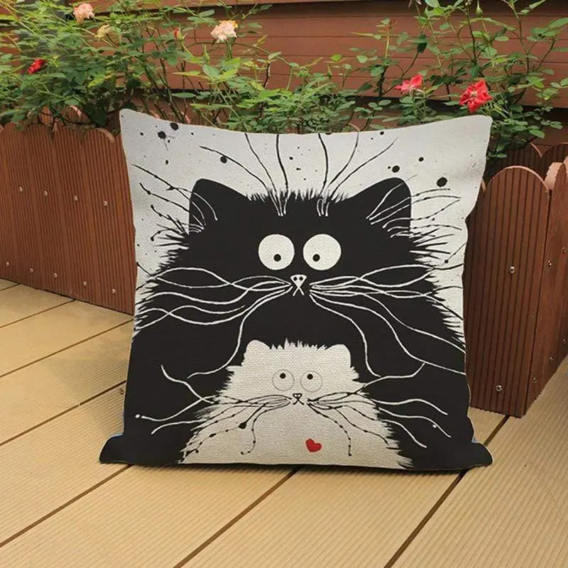 Housse de coussin canapé en coton et lin - CHAT CARTOON