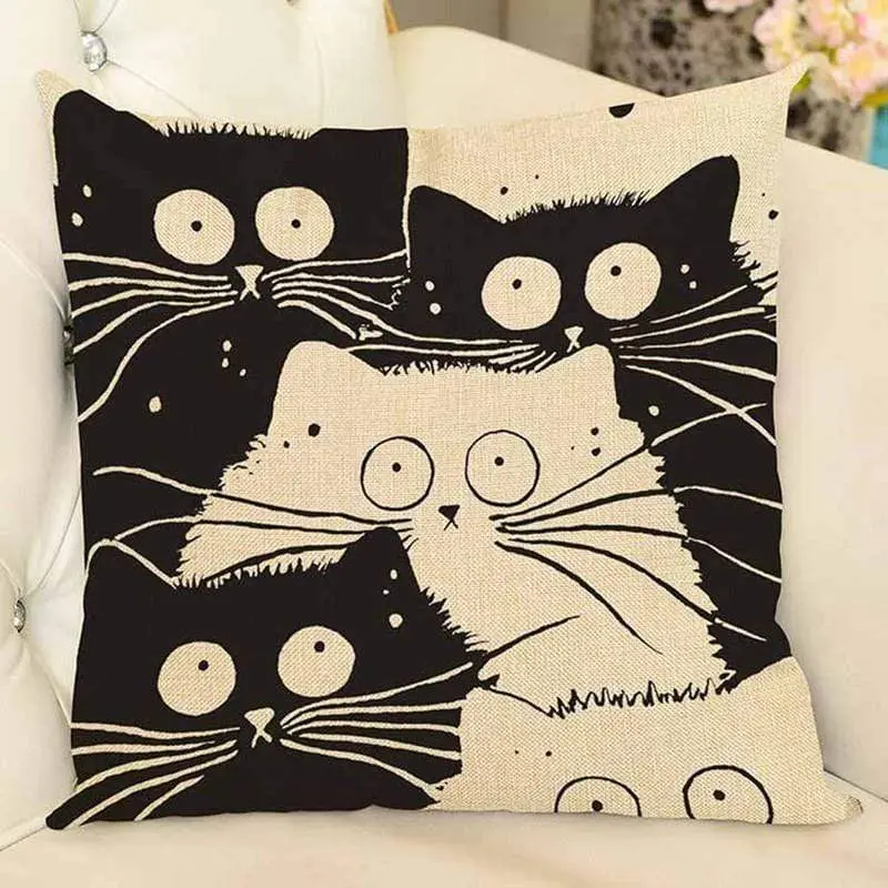 Housse de coussin canapé en coton et lin - CHAT CARTOON
