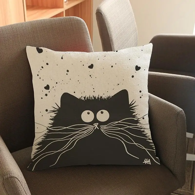 Housse de coussin canapé en coton et lin - CHAT CARTOON