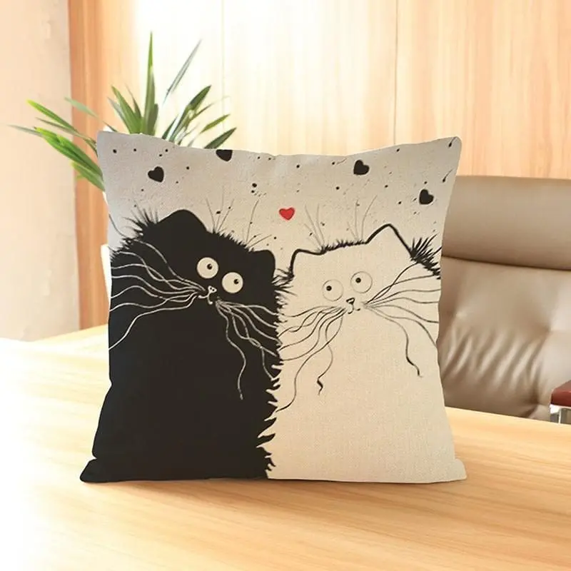 Housse de coussin canapé en coton et lin - CHAT CARTOON