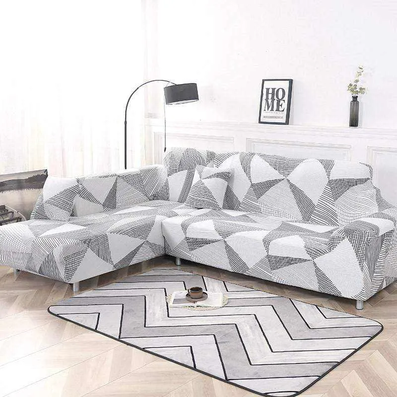 Housse canapé d'angle extensible GRIS BLANC GEO