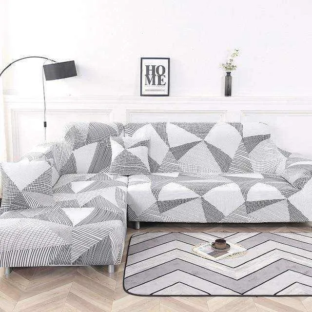 Housse canapé d'angle extensible GRIS BLANC GEO