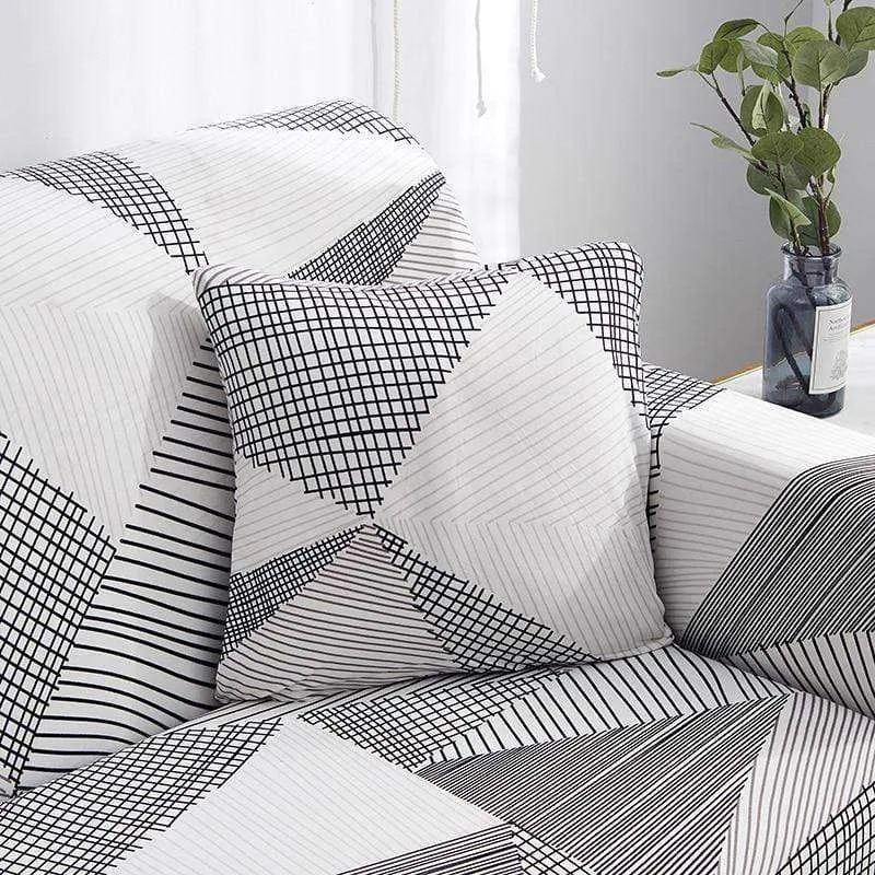 Housse canapé d'angle extensible GRIS BLANC GEO