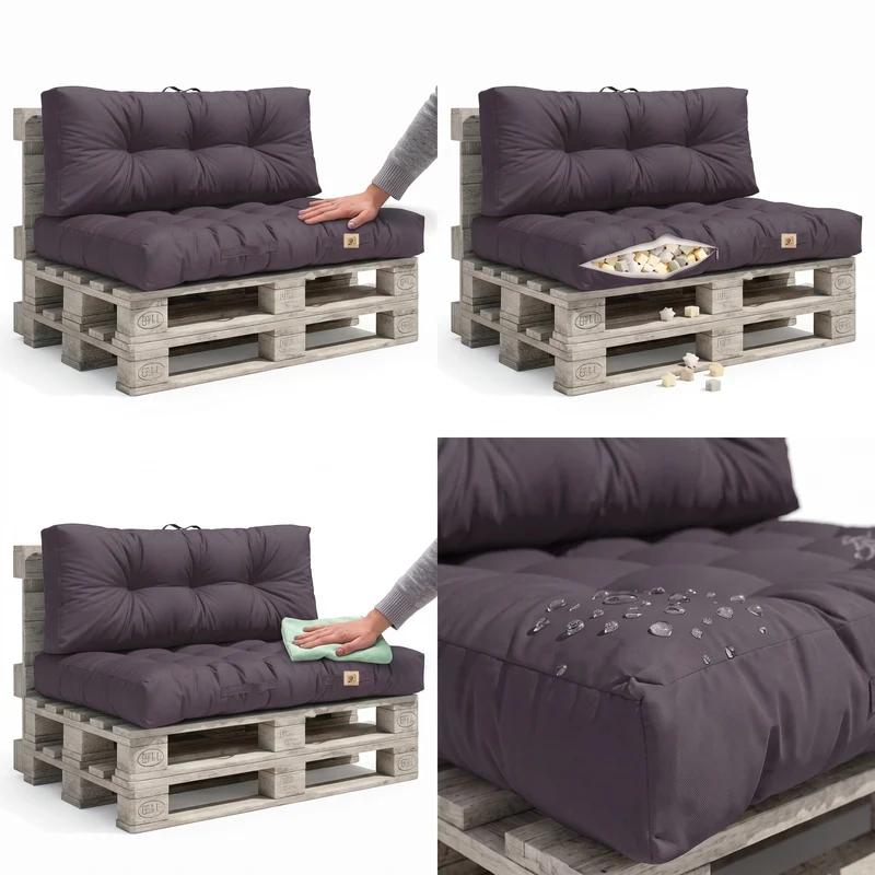 Ensemble Coussins Palette 120x80 Gris Carbone - Imperméable & Épais 15cm