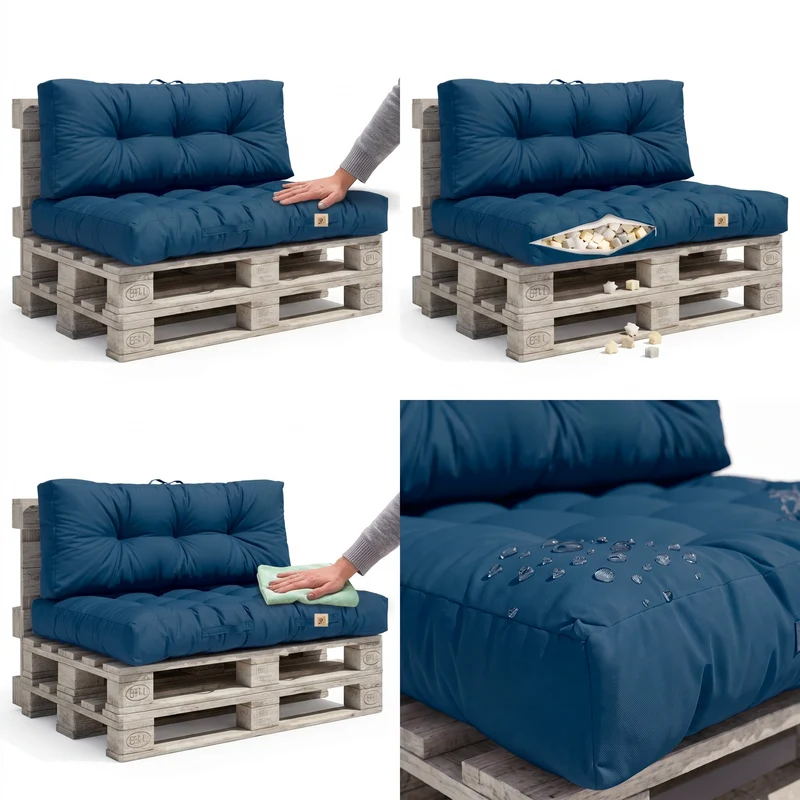 Ensemble Coussins Palette 120x80 Bleu Pétrole - Imperméable & Épais 15cm