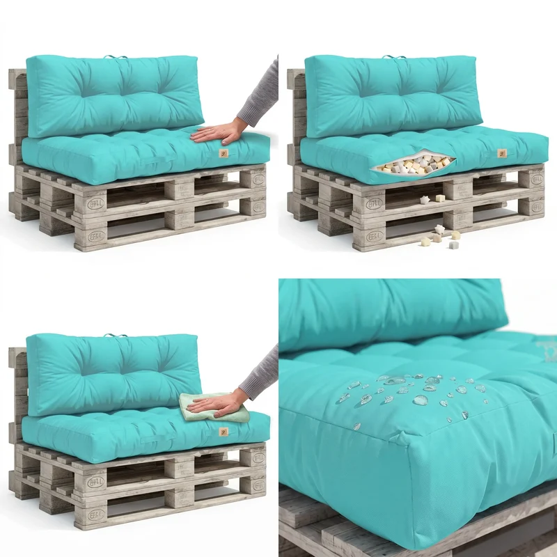 Ensemble Coussins Palette 120x80 Bleu Caraïbes - Imperméable & Épais 15cm