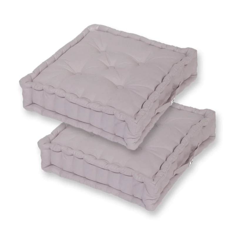 Lot de 2 Coussins de Sol Géant 60x60 Gris Galet - Épais 15cm & Poignée
