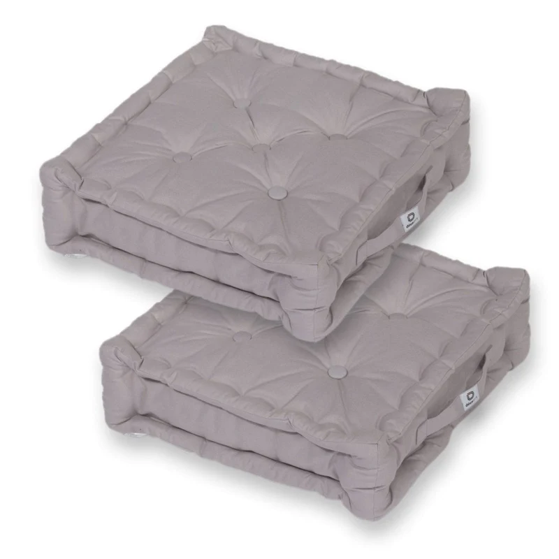 Lot de 2 Coussins de Sol XL 50x50 Gris Galet - Épais 15cm & Poignée